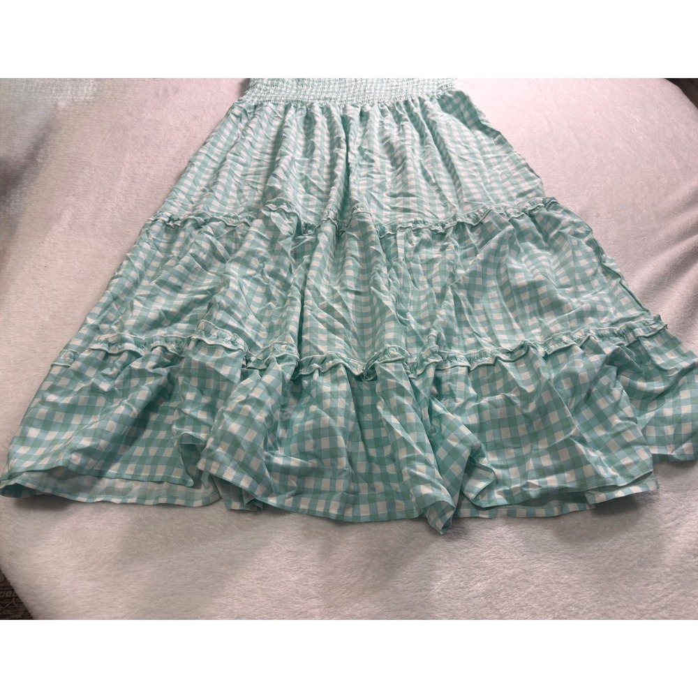 KOJOOIN Gingham Smocked Maxi Dress Ruffle Sleeve Tiered Mint Green XL - Picture 3 of 8